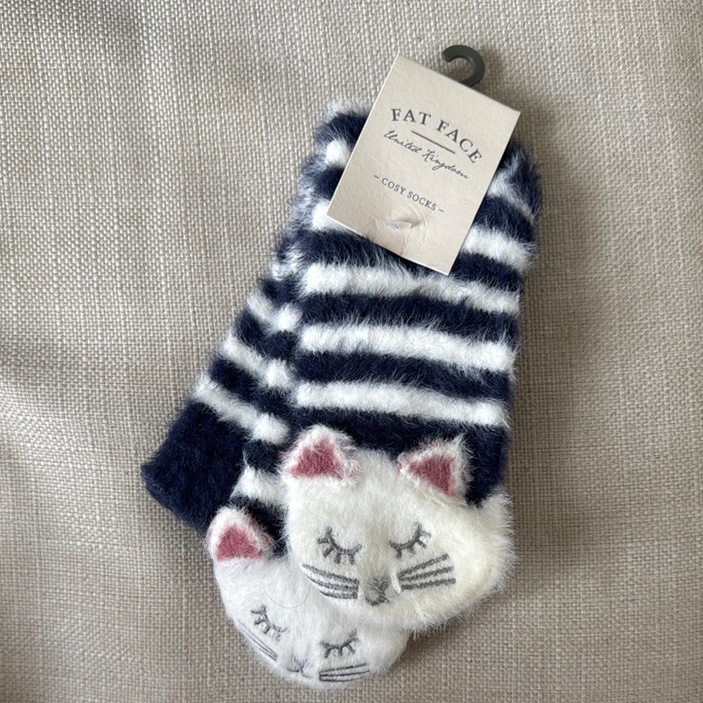 NWT Fat Face Blue and White Cat Socks with Grips